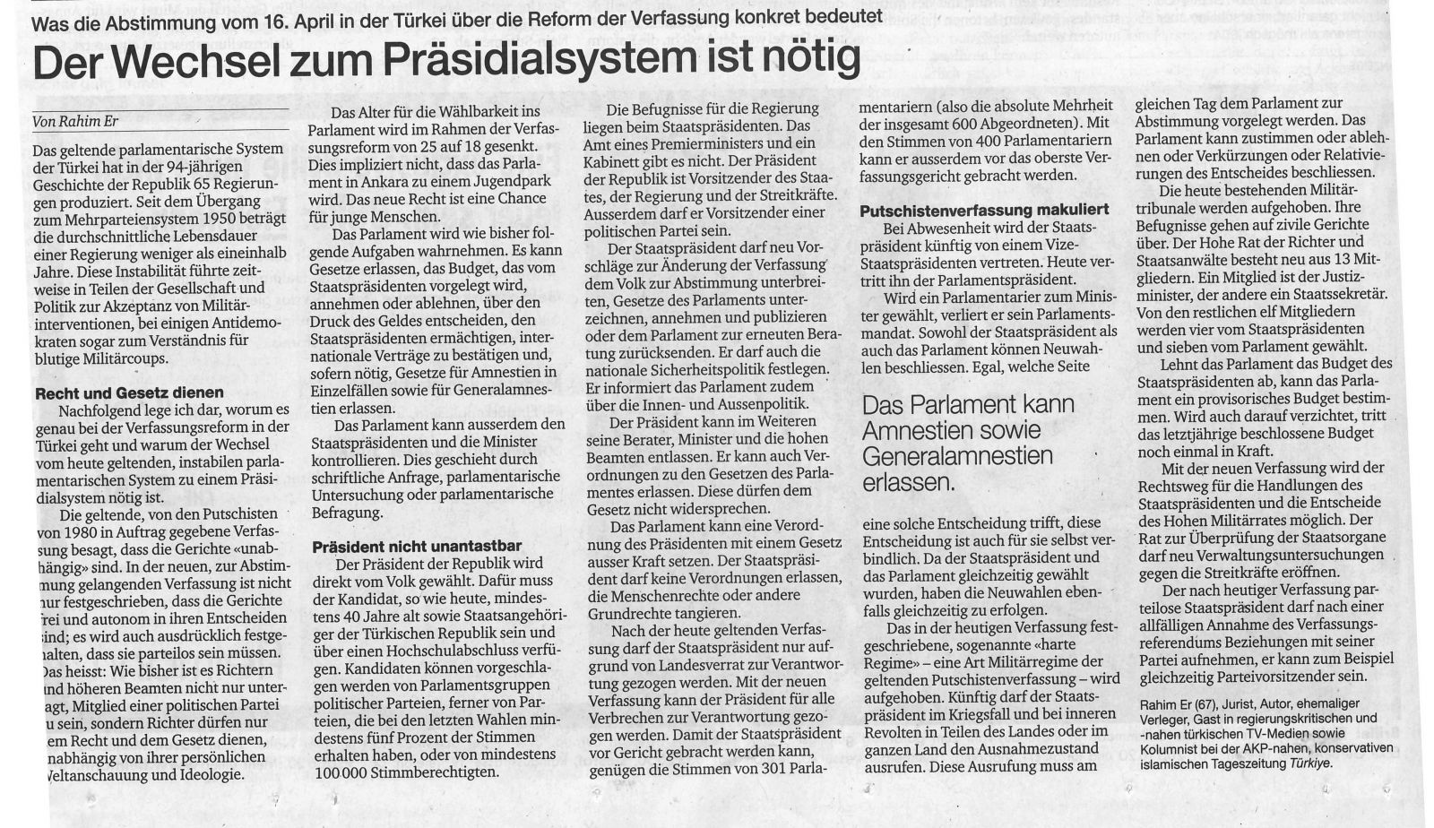 Rahim Er’in yazısı İsviçre gazetesinde